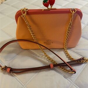Coach Orange Leather Crossbody Nora Strawberry kisslock Bag with Gold Chain